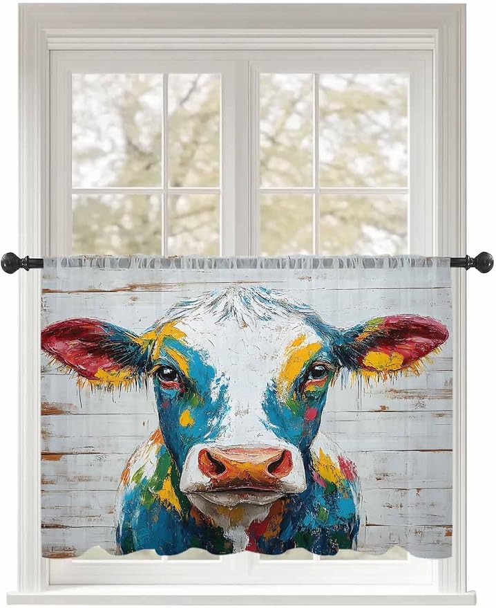 Sheer Curtains 54 Inch Length, Rustic Cow Semi Sheer Curtains Light Filtering by Unknown