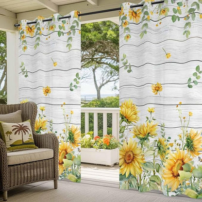 Sunflowers Outdoor Curtains for Patio Summer Floral Eucalyptus Leaf Wood Plank - Image 5