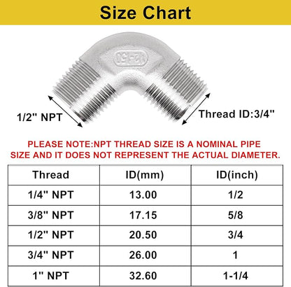 1/2" x 1/2" NPT 90 Degree Elbow 304 Stainless Steel Pipe Fittings Male Threaded - Image 2