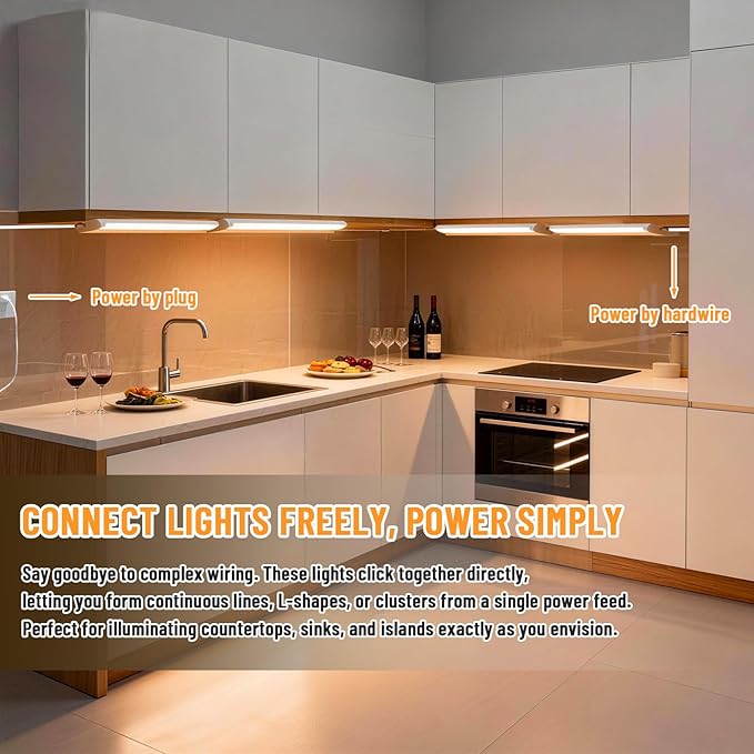 24" 4Pack Hardwired Under Cabinet LED Light Plug in, 16W 1200LM, 3CCT (3000K/4000K/5000K), Rotatable 45°, Connect Up to 10 Fixtures, Under Counter Lights Linkable for Kitchens and Offices