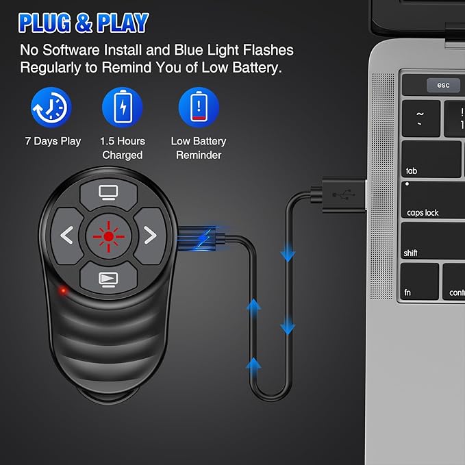 Rechargeable USB Type C Wireless Presentation Clicker, Finger Ring Clicker Powerpoint Clicker with Red Light & Volume Control, Wireless Presenter Remote Pointer for Slide MAC Computer PC Laptop