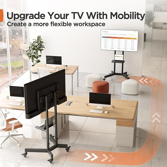 Perlegear Rolling TV Stand, Mobile TV Stand on Wheels for 32-85 Inch Screens up to 132 lbs, Height Adjustable Mobile TV Cart with Metal Shelf, Rolling TV Cart with Lockable Wheels Max VESA 600x400mm