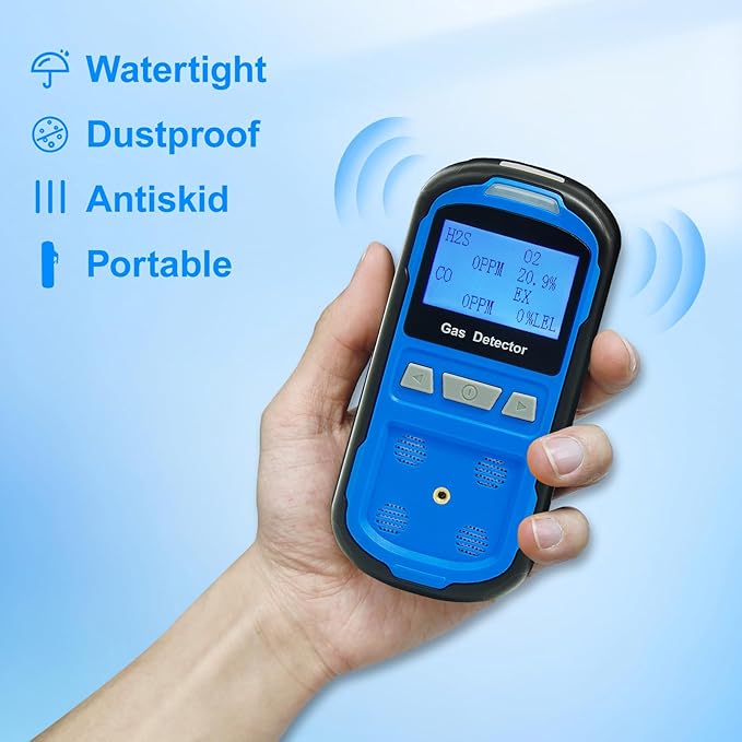 Upgraded 4 Gas Monitor Multi Gas Detector, Yfwsrecinoe Gas Leak Detector, Rechargeable 4 Gas Monitor Ex H2s Co O2 with LCD Multiple Indicator (Blue)