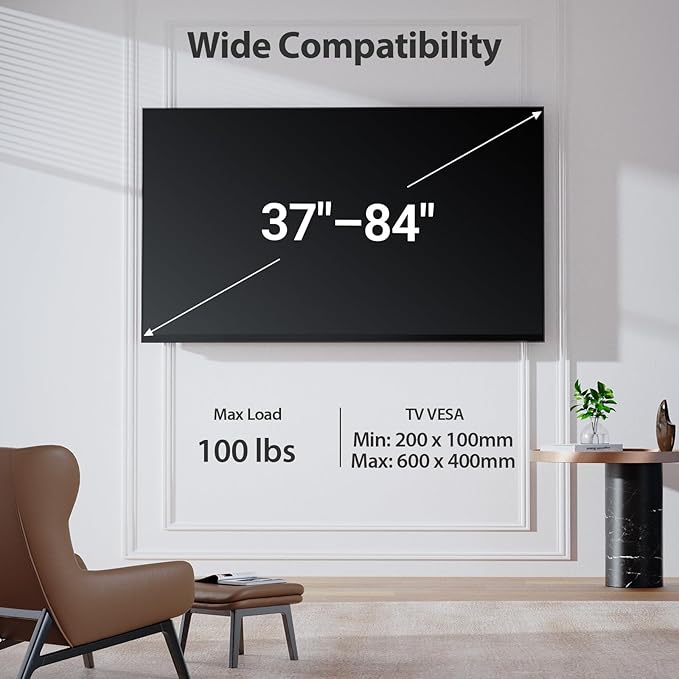 Pipishell Full-Motion TV Wall Mount for Most 37–84 Inch TVs up to 100 lbs, Wall Mount TV Bracket with Dual Articulating Arms, Extension, Swivel, Tilt, Fits 16" Wood Studs, 600 x 400mm Max VESA, PILF8