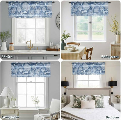 Navy Blue Retro Summer Sheer Valance Curtains, Sea Turtle Starfish Coral Ocean - Image 9