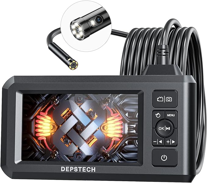 DEPSTECH Dual Lens Industrial Endoscope, 1080P Digital Borescope Inspection Camera, 7.9mm IP67 Waterproof Sewer Camera with 4.3" LCD Screen, 7 LED Lights, 16.5FT Semi-Rigid Cable, 32GB Card-Black