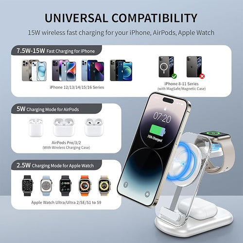 2026 Traveling Wireless Mag-Safe Fast Charging Station,Magnetic 3 in 1 Charger with Light for iPhone 16 15 14 13 12 Pro Max Plus,Apple Watch Series & Air pods 4 3 2 Pro-Gifts for Wife & Husband(Blue)