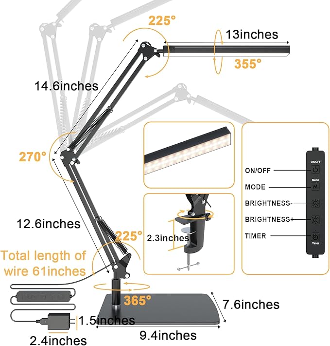 TROPICALTREE LED Desk Lamp for Home Office and Round Base, Clamp-On with 5 Light Modes & Auto Shut Off | 14W Adjustable Brightness 5000K Eye-Caring Lighting for Study/Bedroom/Computer Desk