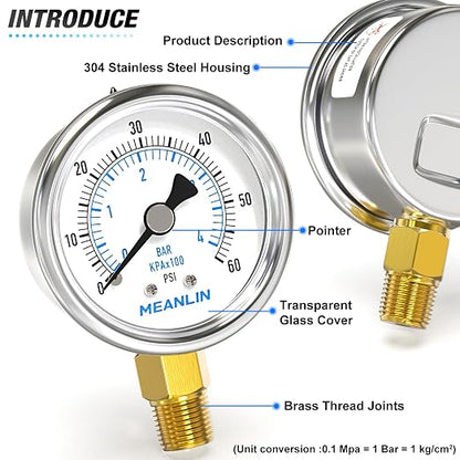 MEANLIN MEASURE 0~60Psi Dry Pressure Gauge Stainless Steel 1/4" NPT 2" FACE - Image 4