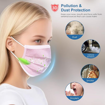 NNPCBT Pink Disposable Face Masks 100 Pack, 3-Ply Breathable Mask - Image 4