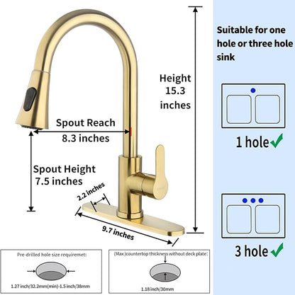Gold Kitchen Faucet with Pull Down Sprayer Modern Stainless Steel High Arc - Image 3