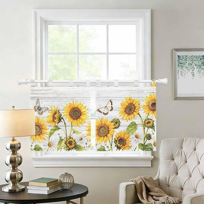 Yellow Sunflowers Kitchen Curtains 24 Inch Length, Small Window Curtains Tab Top - Image 2