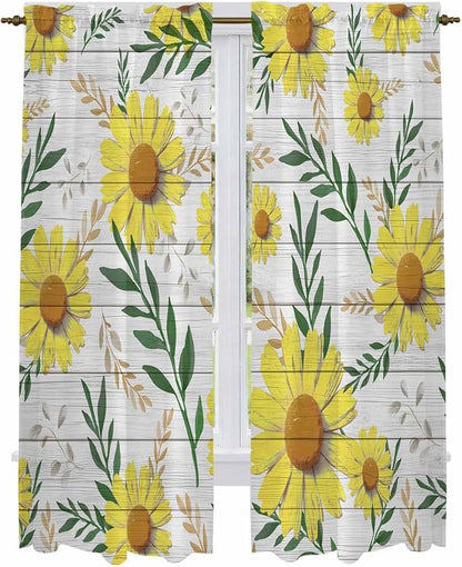 Yellow Daisy Kitchen Curtains, Farmhouse Country Flower Leaf Plant Wood Grain by Unknown