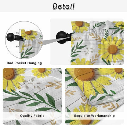 Yellow Daisy Kitchen Curtains, Farmhouse Country Flower Leaf Plant Wood Grain - Image 9