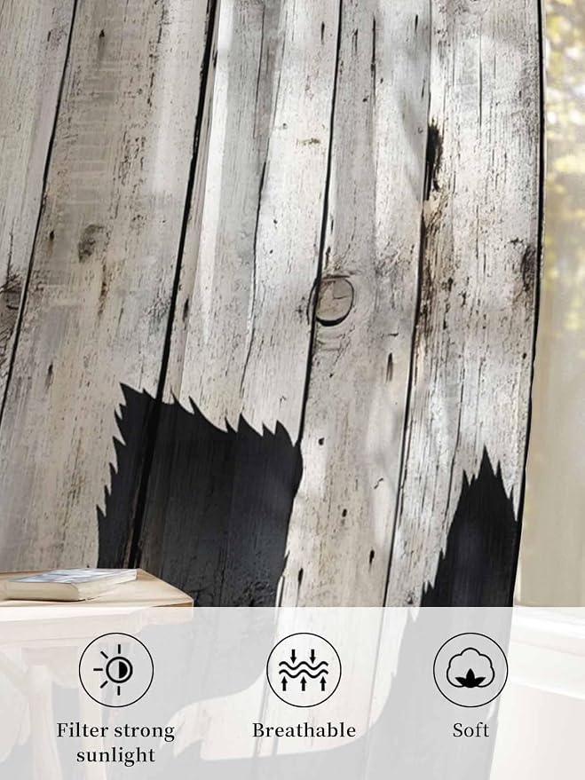 Sheer Curtains 45 Inch Length, Rustic Counrty Vintage Wood Grain Privacy Voile - Image 6