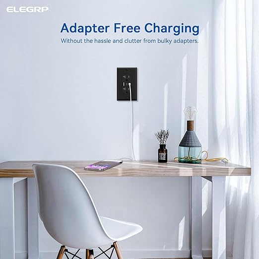 ELEGRP USB Outlets, 20 Amp Wall Outlet with 3 USB Ports, Dual USB C Ports Outlets, TR Tamper-Resistant USB Outlets Receptacles, Wall Plate Included, UL/CUL Listed, 2 Pack, Black