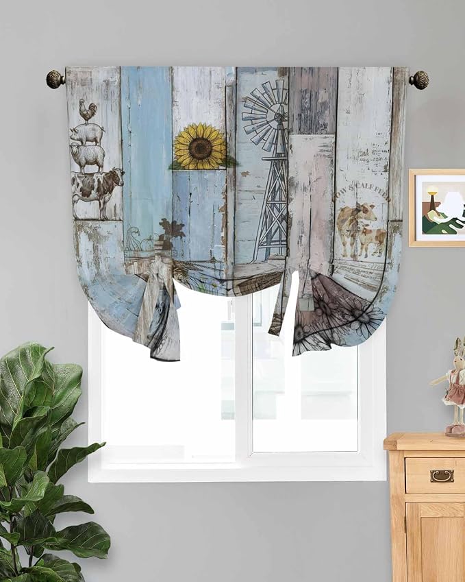 Tie Up Curtains for Windows, Farmhouse Barn Sunflowers Retro Decorative Tie Up by Anzona