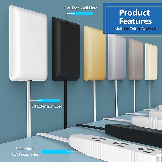 LIDER Flat-Face Outlet Extender with 3 Receptacles, Ultra-Thin Wall Plate Plug with Cord Extender and 3-Outlet Power Strip, 8ft Cord, LWE8-315-SV, ETL-Listed, Silver