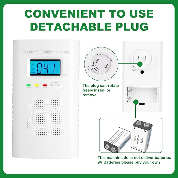 Combination Gas and Carbon Monoxide Detector Plug-in | CO Alarm & Natural Gas Combustible Detector | Digital Display, Battery Backup, Easy Install | for Home Kitchen Safety Monitoring 2-Pack