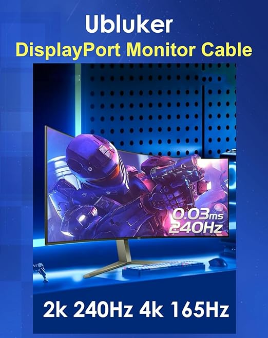 Ubluker 10K 8K DisplayPort 2.1 Cable 54Gbps 10 FT, Certified DP to DP Cord 4K 240Hz 165Hz 144Hz 120Hz 10K 8K 120Hz Nylon Braided UHBR HDCP2.3 FreeSync G-Sync RTX5090 Gaming Monitor PC Projector