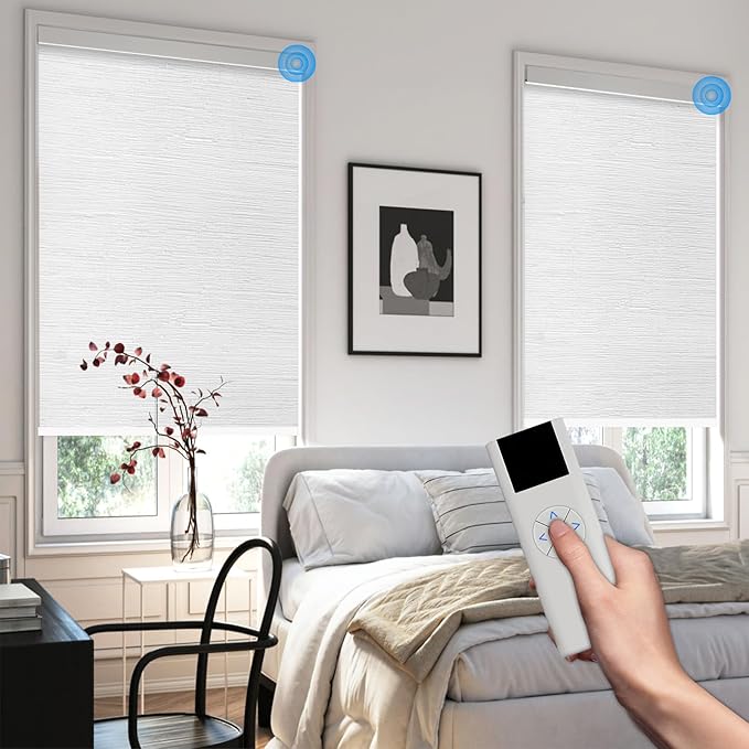 COOLWINDS Motorized Blinds with Remote Cordless Automatic Motorized Shades Custom Blinds for Windows Smart Curtains Compatible with Alexa Google Home(Blackout Jacquard White,W69 x H72in)