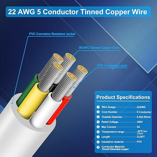 22 Gauge 5 Conductor Electrical Wire, 32.8 FT Low Voltage 22/5 Tinned Copper Stranded 5 Wire Cable, 22 AWG White Flexible Extension Power Cord for Automotive, LED Lamp, Outdoor Landscape Lighting Etc