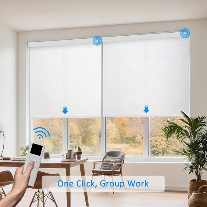 COOLWINDS Motorized Blinds with Remote Cordless Automatic Motorized Shades Custom Blinds for Windows Smart Curtains Compatible with Alexa Google Home(Light Filtering Jacquard White,W58 x H72in)