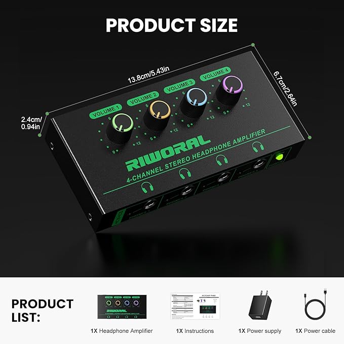 Riworal 4 Channels Headphone Amplifier with 3.5mm/6.35mm/ TRS Jack Input for Dj Mixer Amps Splitter with 8 Output Ports Separate Volume Control Output for Speaker Or Monitor Headphone