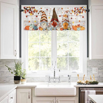 Fall Gnomes Kitchen Curtain Set, Thanksgiving Maple Leaf Grey Wood Grain Window - Image 3