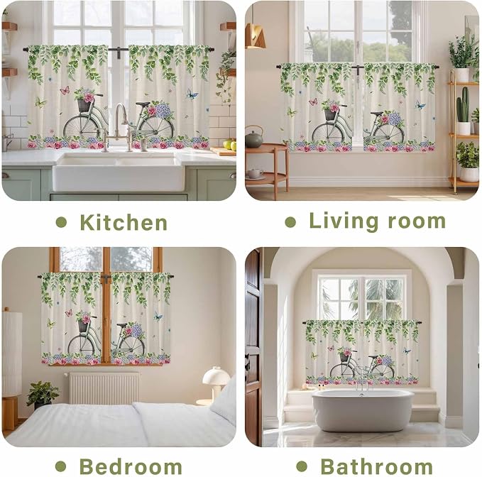Farmhouse Spring Tier Curtains, Retro Bicycles Flowers Vines Butterfly Light - Image 8