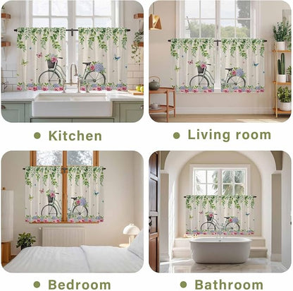 Farmhouse Spring Kitchen Curtains, Retro Bicycles Flowers Vines Butterfly Light - Image 8