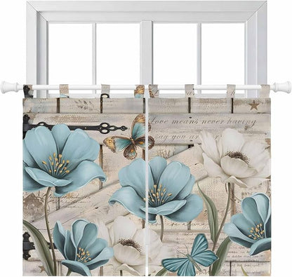 Teal Blue Tulips Kitchen Curtains 45 Inch Length, Short Cafe Window Curtains by Unknown