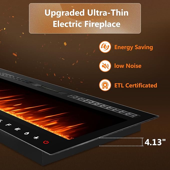 90 inch Ultra-Thin Electric Fireplace Recessed and Wall Mounted with Touch Screen Control Panel/Remote Control/App Control - Timer,Realistic 5 Flame - Crystal