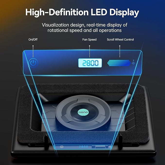 llano V12 Laptop Cooling Pad, Gaming Laptop Cooler Stand with 5.5inch Powerful Turbo Fan, Adjustable Speed, Touch Control, 3-Port USB A, for Fast Cooling Laptop 15.6-19in, Black (No RGB)