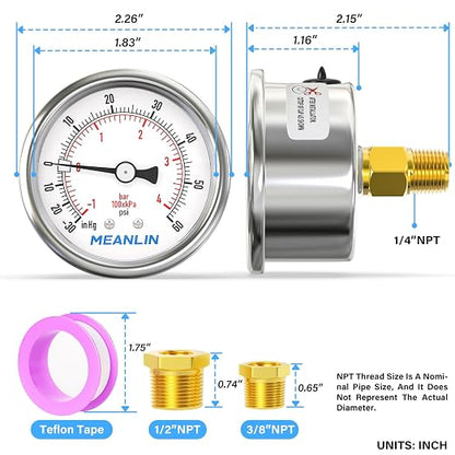 MEANLIN MEASURE -30inHG~60Psi Vacuum Gauge Stainless Steel 1/4" NPT 2" FACE - Image 2