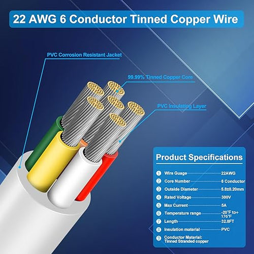 22 Gauge 6 Conductor Electrical Wire, 32.8 FT Low Voltage 22/6 Tinned Copper Stranded 6 Wire Cable, 22 AWG White Flexible Extension Power Cord for Automotive, LED Lamp, Outdoor Landscape Lighting Etc