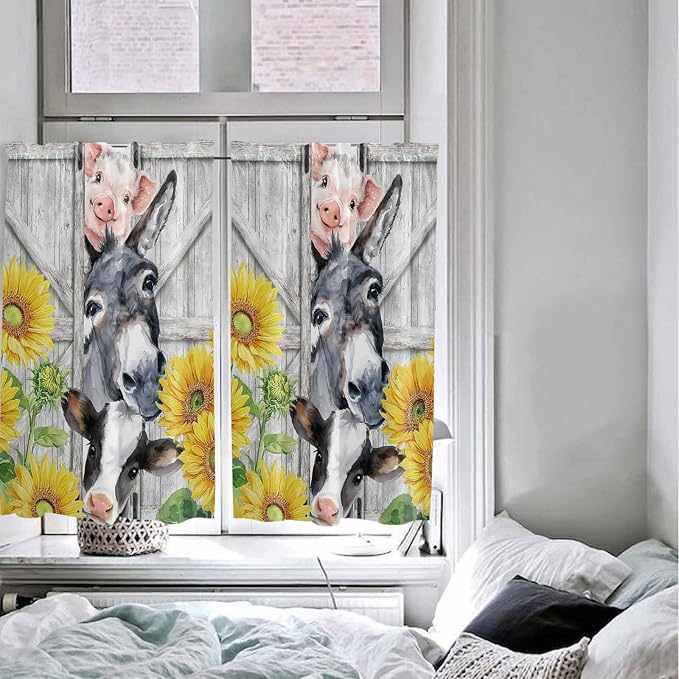 Farmhouse Kitchen Curtains 54 Inches length, Watercolor Sunflowers Animals - Image 5