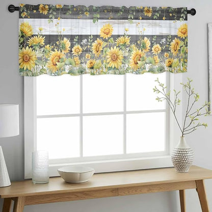 Summer Floral Sheer Valance Curtains, Watercolor Sunflower Eucalyptus Leaves - Image 3