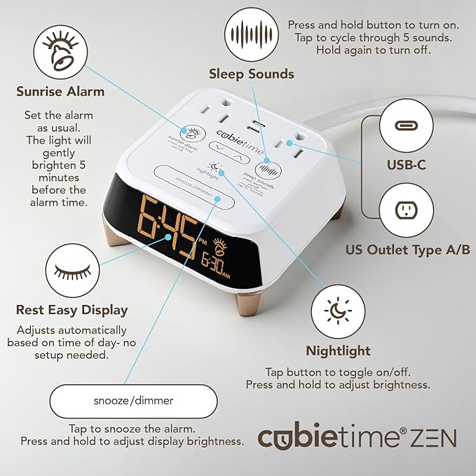 Brandstand CubieTime Zen | Alarm Clock Charger with White Noise and Sunrise Alarm | 2 USB-C Ports | 2 Tamper Resistant Outlets | Night Light