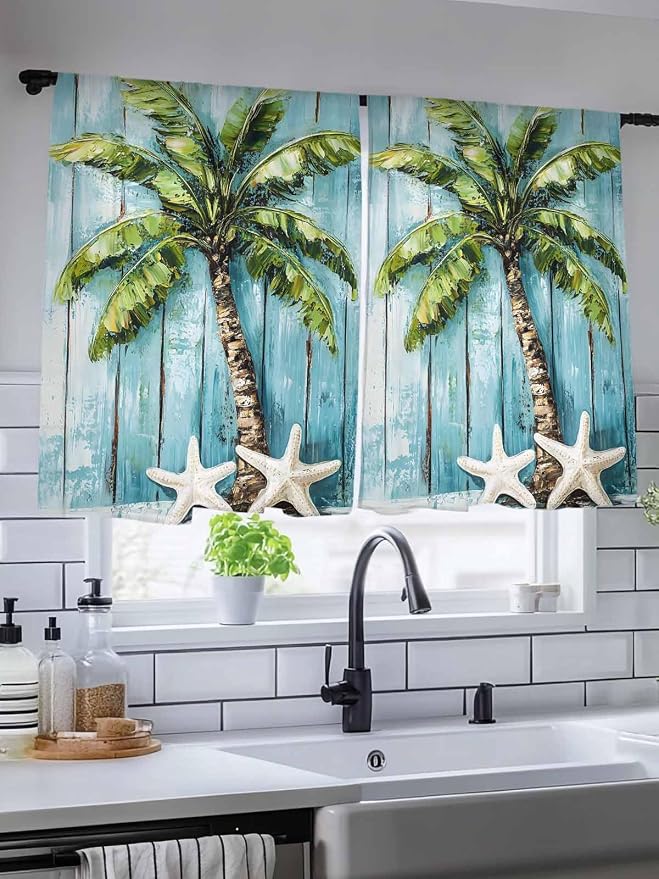 Sheer Curtains 45 Inch Length, Coastal Beach Starfish Semi Sheer Curtains Light - Image 5