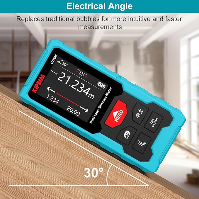 Kiprim 393ft Dual Laser Distance Measuring Tool LD120S, 120m Total Range, Electronic Level, Precise Measurements, and Pythagorean Function - Ideal for Construction, DIY, and Home Renovation