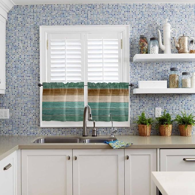 Vintage Plank Turquoise Brown Window Valance Curtains, Farmhouse Wood Grain - Image 8