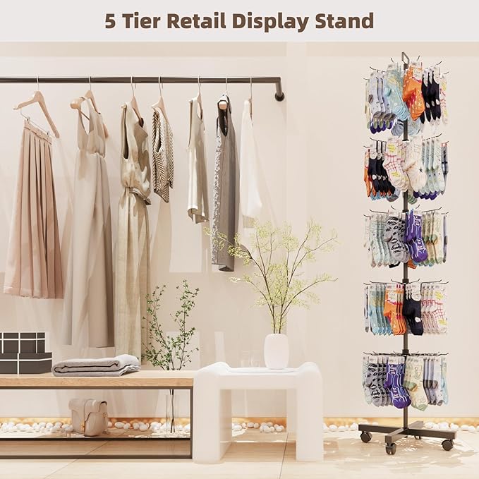YEOOE Retail Display Racks 5 Tier Spinning Display Stand, Movable Shop Spinner Rack with Hooks, Retail Display Stand for Jewelry Keyring Hats Socks Toys (Black)