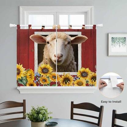 Sheep Sunflower Kitchen Curtains 45 Inch Length, Short Cafe Window Curtains Tab - Image 4