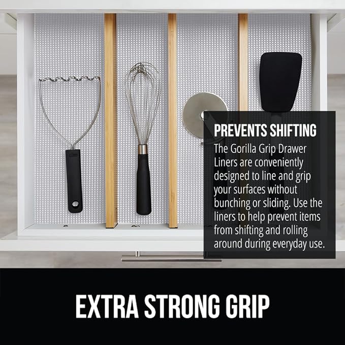 GORILLA GRIP powerGRIP Drawer Shelf and Cabinet Liner, Thick Strong Hold, Non-Adhesive Liners Protect Kitchen Cabinets and Cupboard, Bathroom Drawers, Easy Install, Breathable Mat, 20" x10' Light Gray