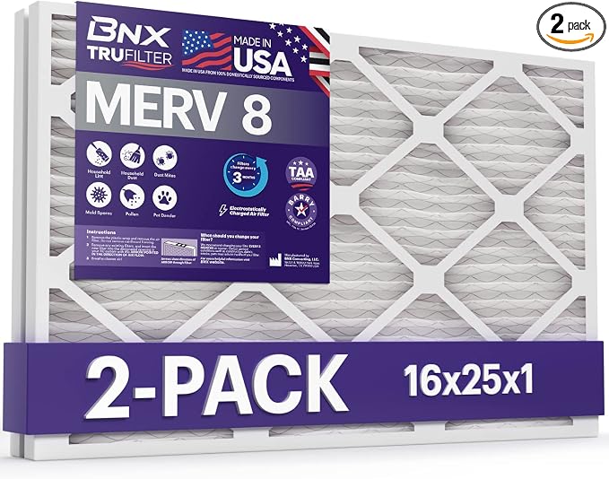 BNX 16x25x1 MERV 8 Air Filter 2 Pack by BNX
