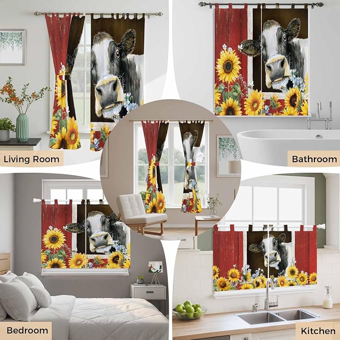 Cows Sunflowers Bathroom Curtains 63 Inch Length, Window Curtains Tab Top - Image 7