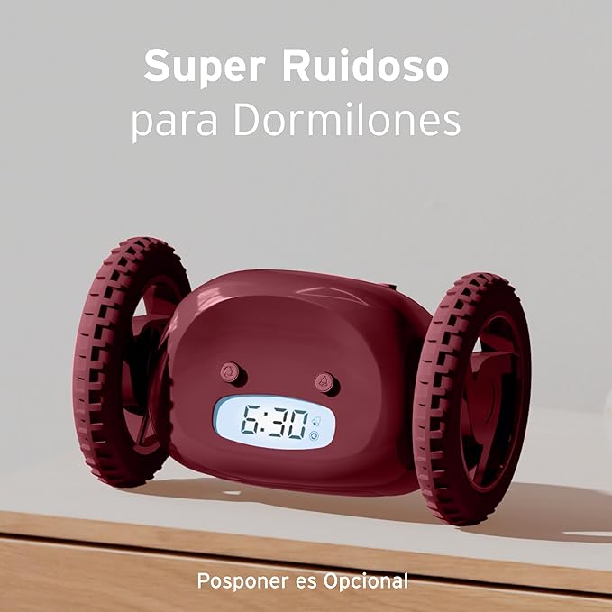 CLOCKY Extra Loud Alarm Clock for Heavy Sleepers on Wheels Rolls Runs Away Vibrating, Easy to Set Super Smart Snooze Digital Bed Shaker Alarm Clock Funny Gift for Adults Kids Teens Bedrooms (Wine)