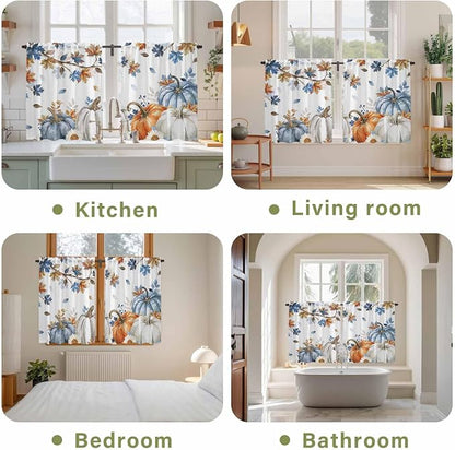 Navy Blue Pumpkin Fall Kitchen Curtains 45 Inch Long 2 Panel Set, Rod Pocket - Image 8