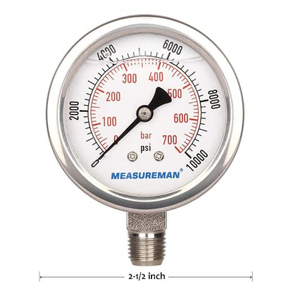 MEASUREMAN 2-1/2" dial, Glycerin Filled Hydraulics Pressure Gauge Stainless - Image 6
